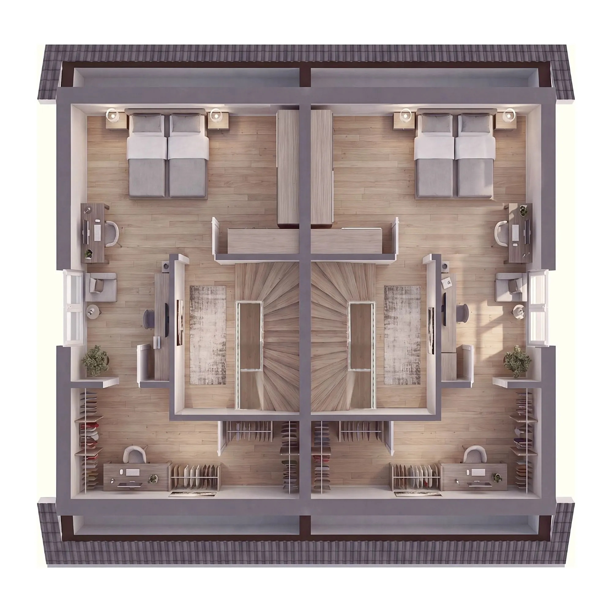 Möblierter 3D-Grundriss: Obergeschoss eines Doppelhauses mit Schlafzimmern und Bädern in der Draufsicht
