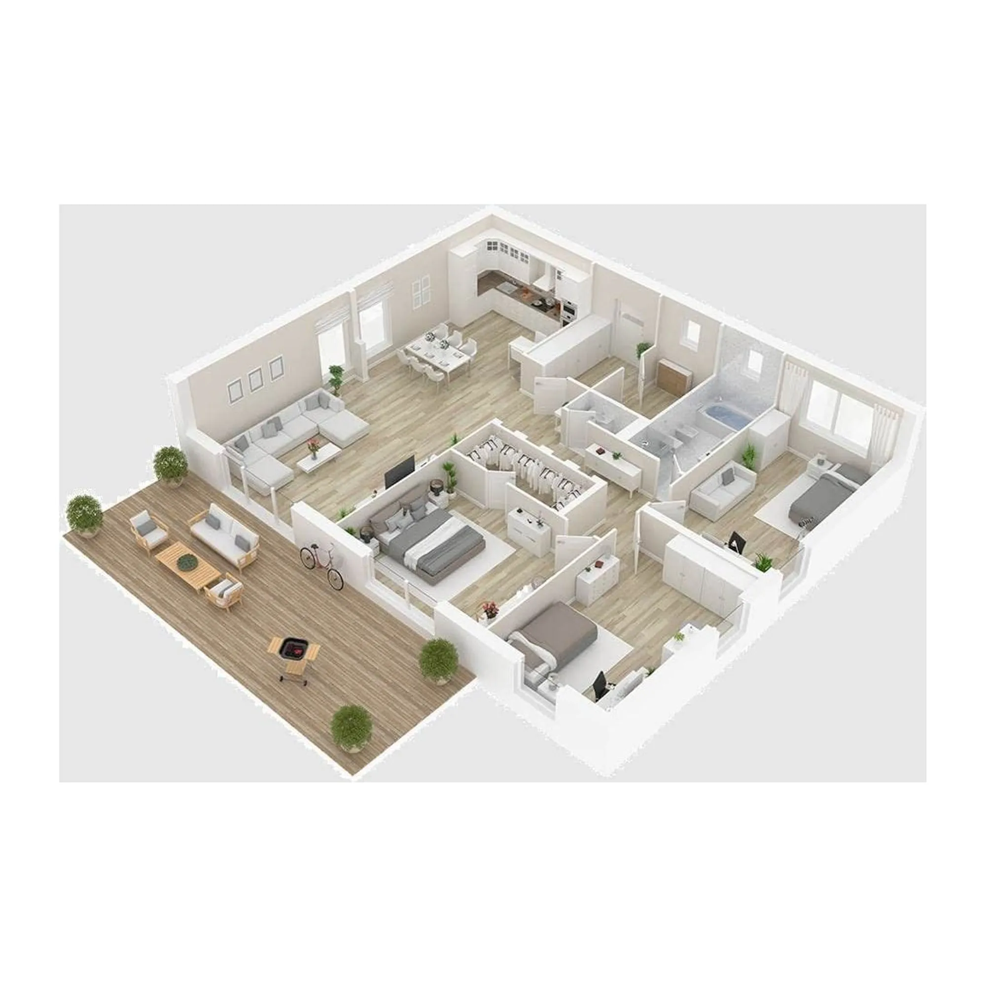 Möblierter 3D-Grundriss in isometrischer Ansicht: Wohnung mit Wohnküche, Bad und Garage