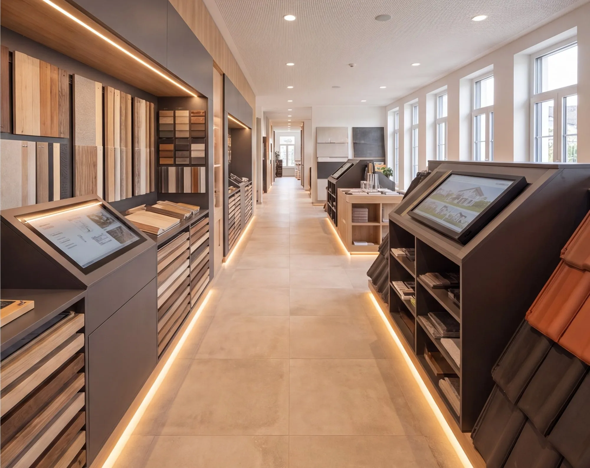 Digitale Bemusterung im Showroom: Kiosk-Systeme mit Touch-Terminals zwischen Musterwänden für Bodenbeläge, Fassaden und Dachziegel