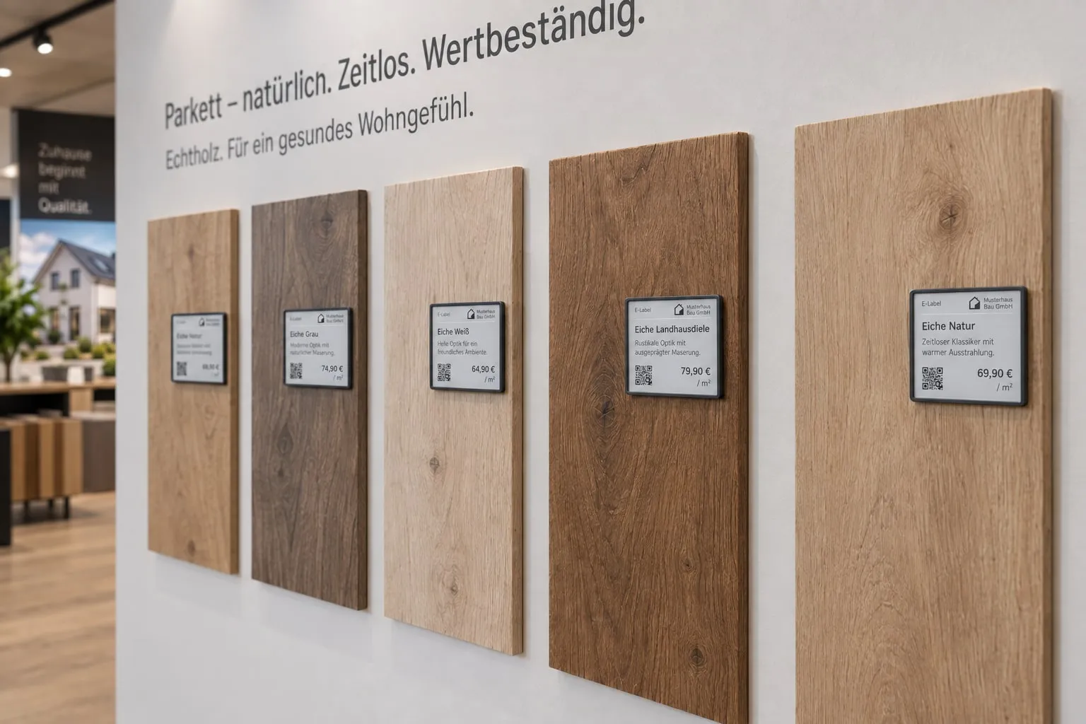 E-Labels an Parkett-Mustern im Showroom: digitale Preisschilder mit Produktname, Preis und QR-Code, der die Variante im Konfigurator öffnet