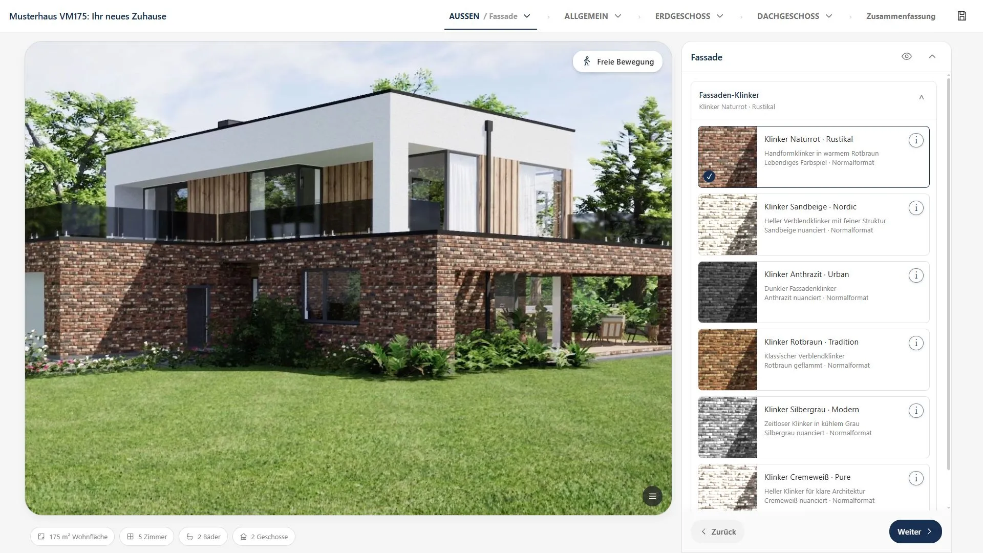 Haus-Konfigurator von VISIONME: Fassaden-Klinker am Musterhaus fotorealistisch in Echtzeit auswählen