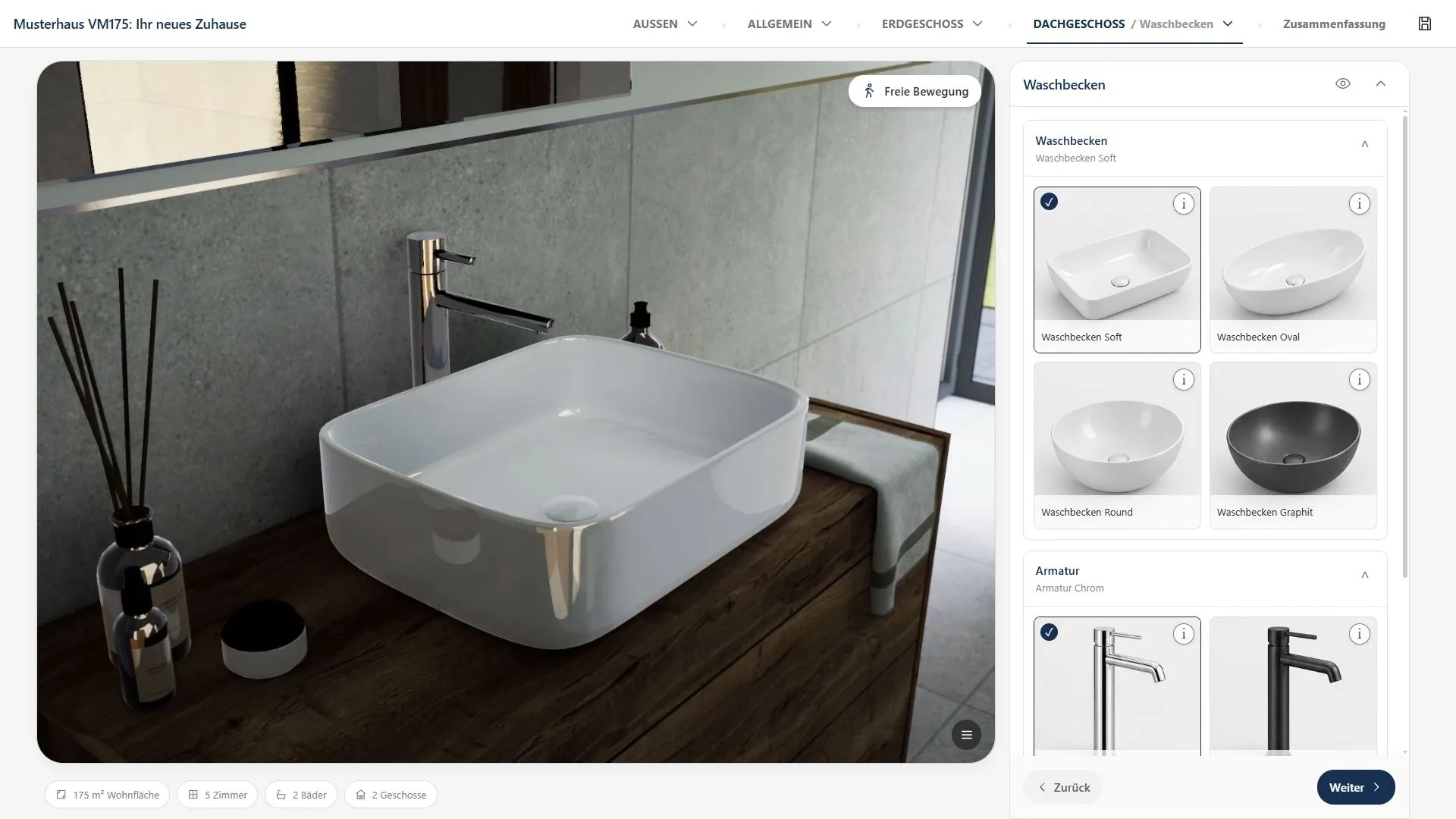 Haus-Konfigurator von VISIONME: Waschbecken und Armatur im Badezimmer fotorealistisch auswählen