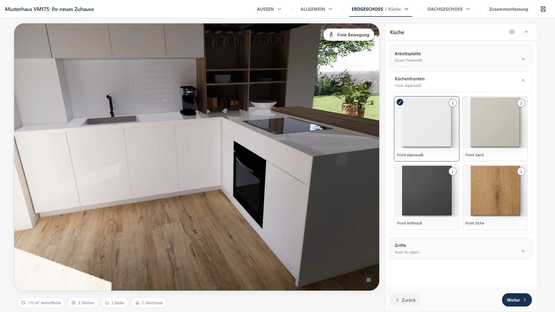Haus-Konfigurator von VISIONME: Küchenfronten, Arbeitsplatte und Griffe in der Küche konfigurieren