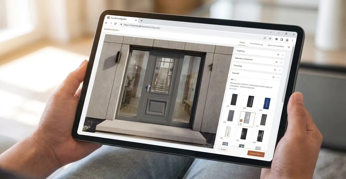 Haustüren-Konfigurator von VISIONME auf einem Tablet: graue Haustür mit Seitenteilen im Hauseingang, daneben die Auswahl der Türmodelle im Browser