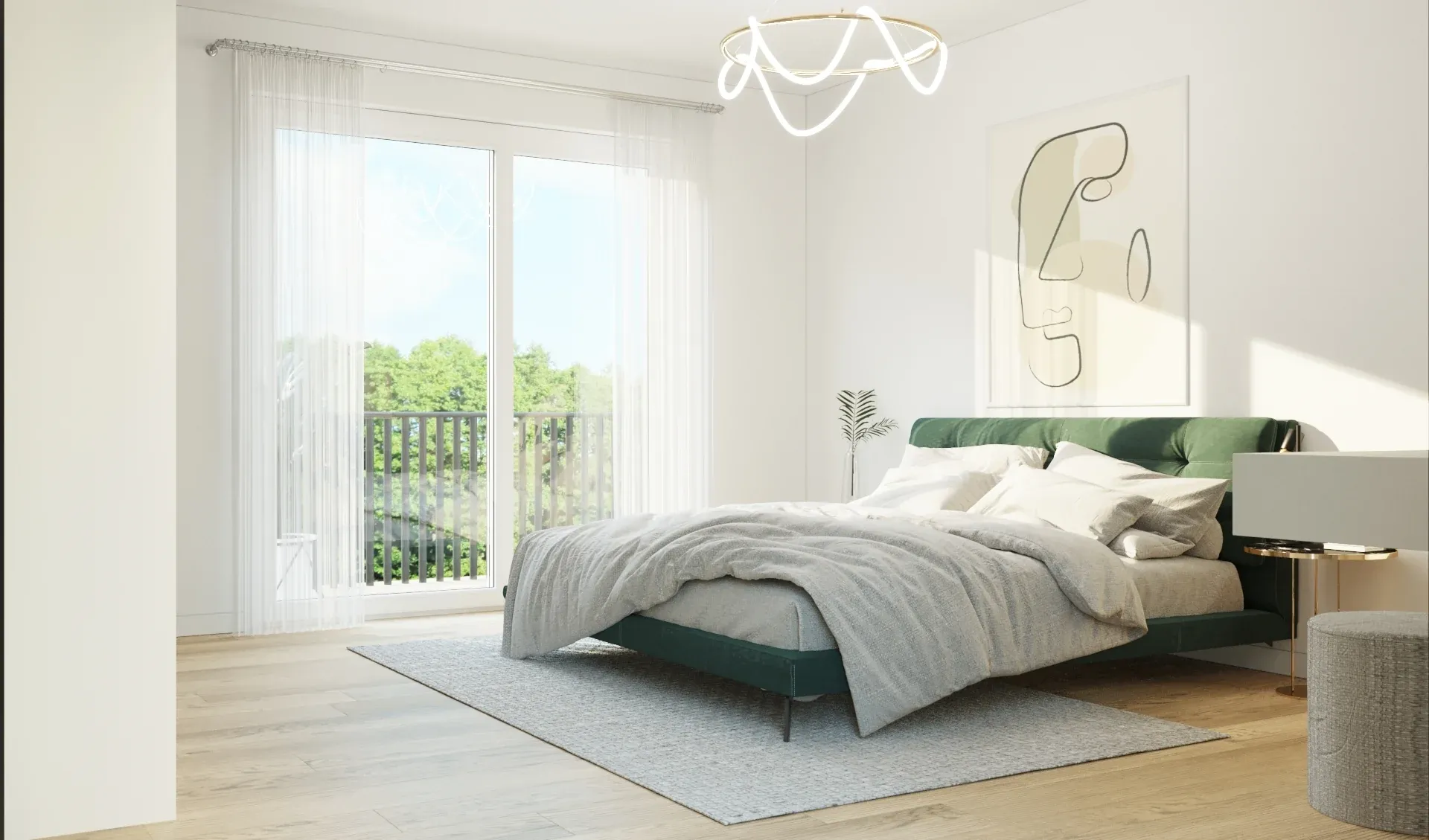 Innenraum-Visualisierung: helles Schlafzimmer mit bodentiefen Fenstern, Balkon und Blick ins Grüne