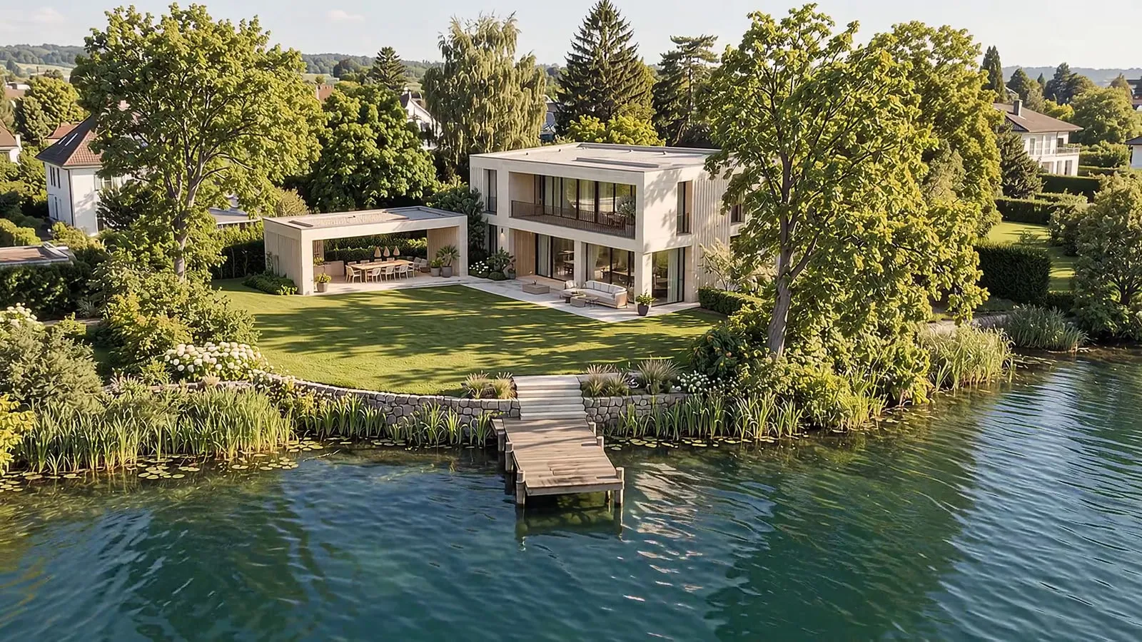3D-Animation und Video: Standbild aus der Außenanimation einer Villa am See mit Steg und Garten