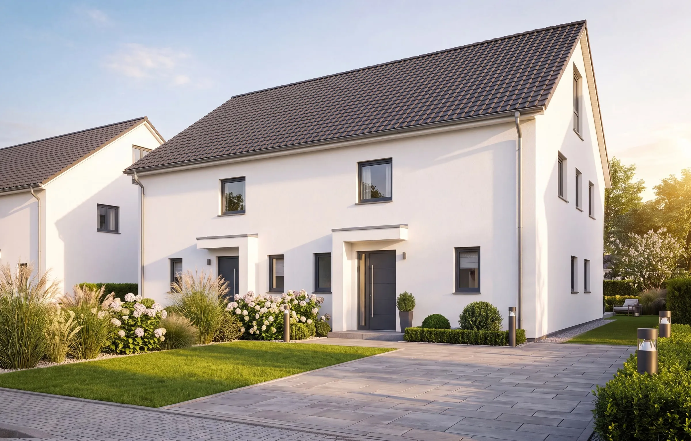 Architektur-Visualisierung: Doppelhaus mit Satteldach, Eingangsseite mit Zufahrt und Vorgarten