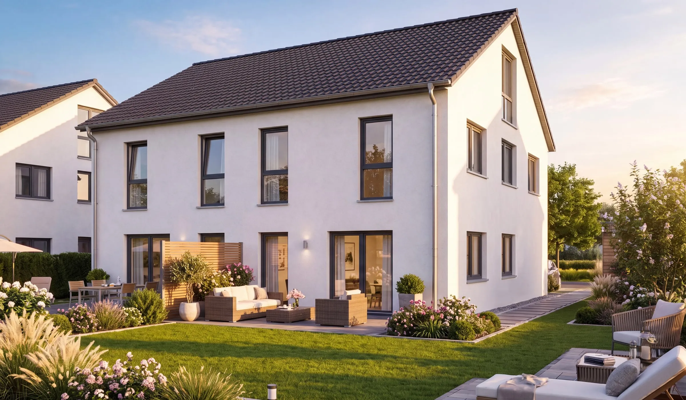 Architektur-Visualisierung: Doppelhaus mit Satteldach, Gartenseite mit Terrasse und Bepflanzung