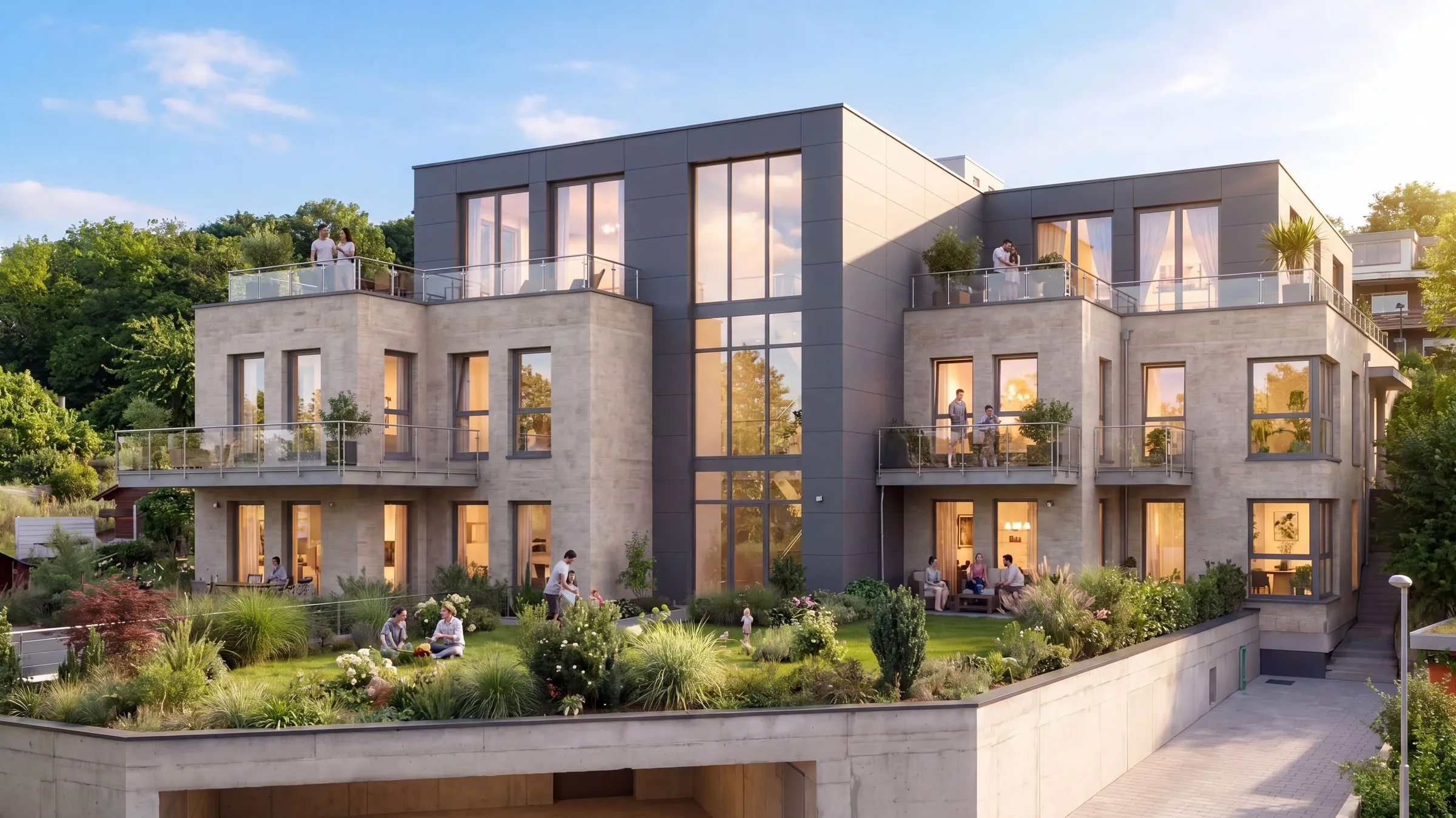 Architektur-Visualisierung: Mehrfamilienhaus mit dunkler Fassade, Dachterrassen und Tiefgaragenzufahrt