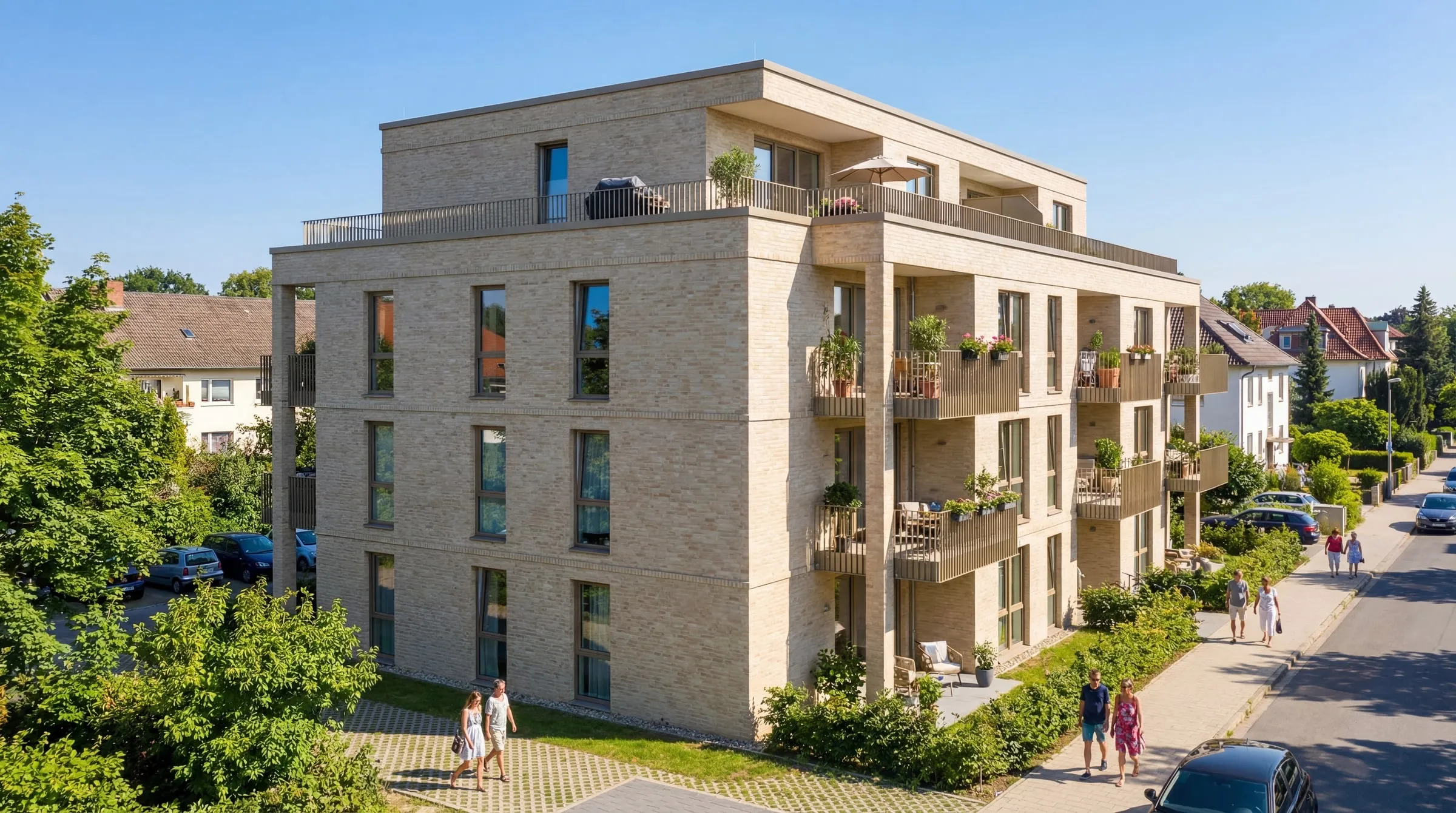 Architektur-Visualisierung: Mehrfamilienhaus mit hellem Klinker und Balkonen von der Straßenseite