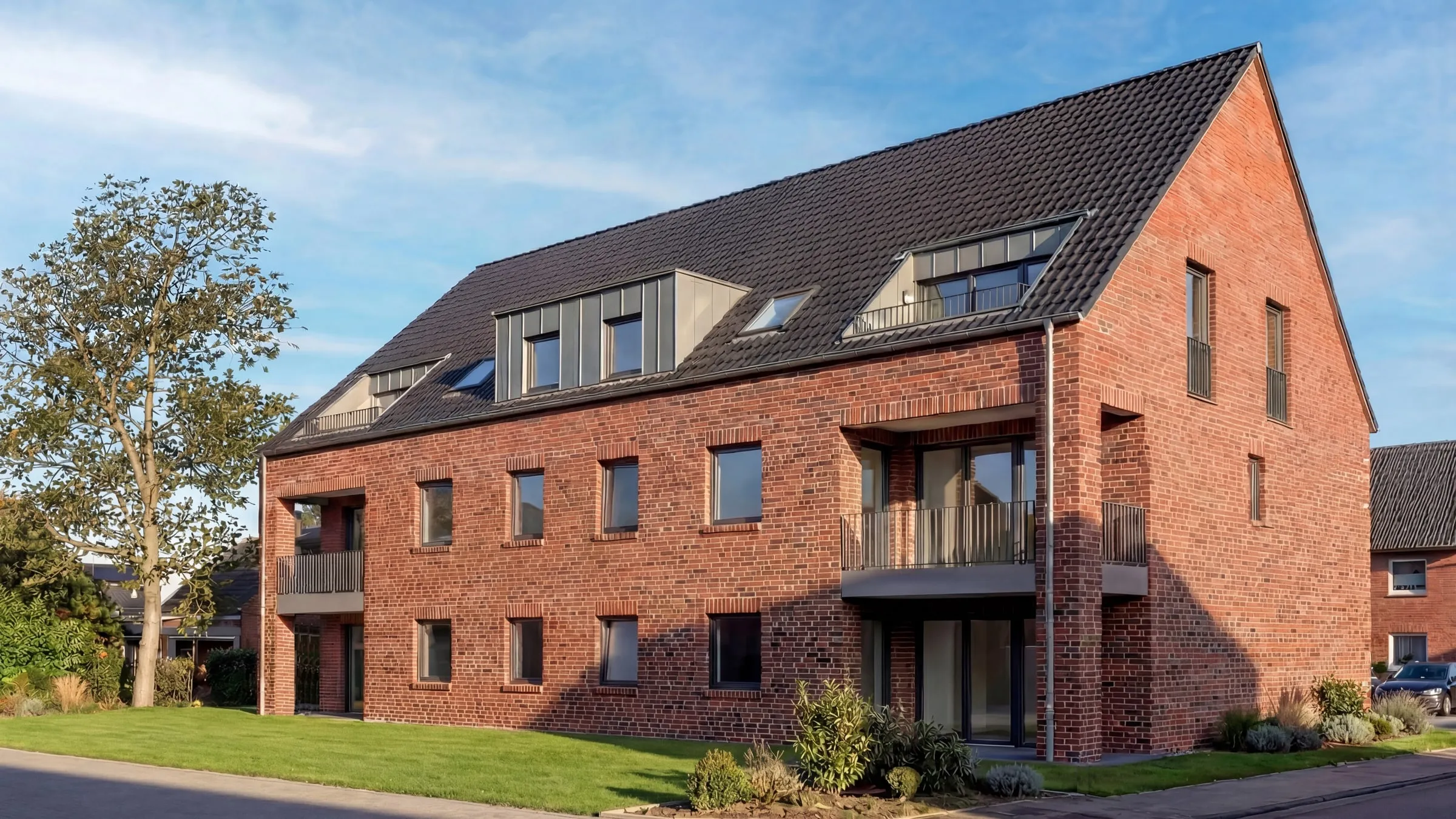 Architektur-Visualisierung: Mehrfamilienhaus mit roter Klinkerfassade, Satteldach und Gauben