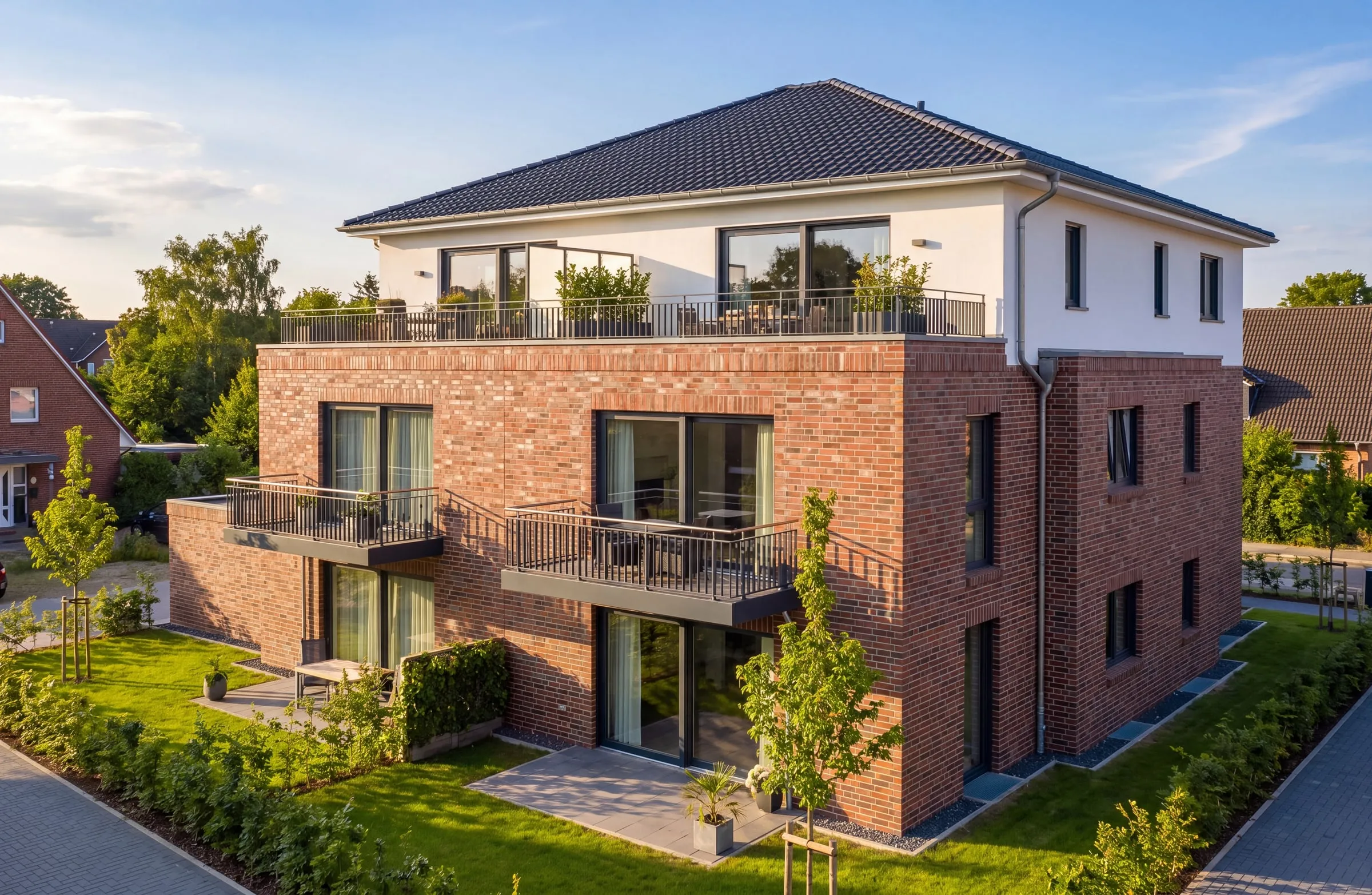 Architektur-Visualisierung: Mehrfamilienhaus mit Klinkerfassade, Balkonen und Walmdach im Abendlicht