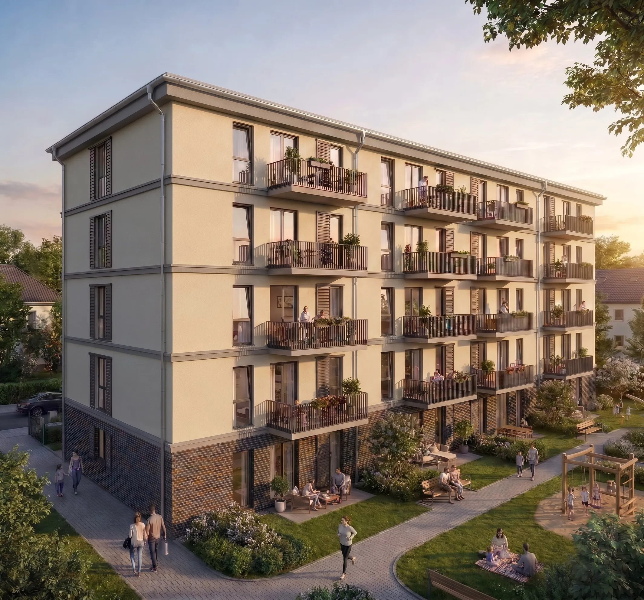 Architektur-Visualisierung: viergeschossiges Mehrfamilienhaus mit Balkonen im Abendlicht