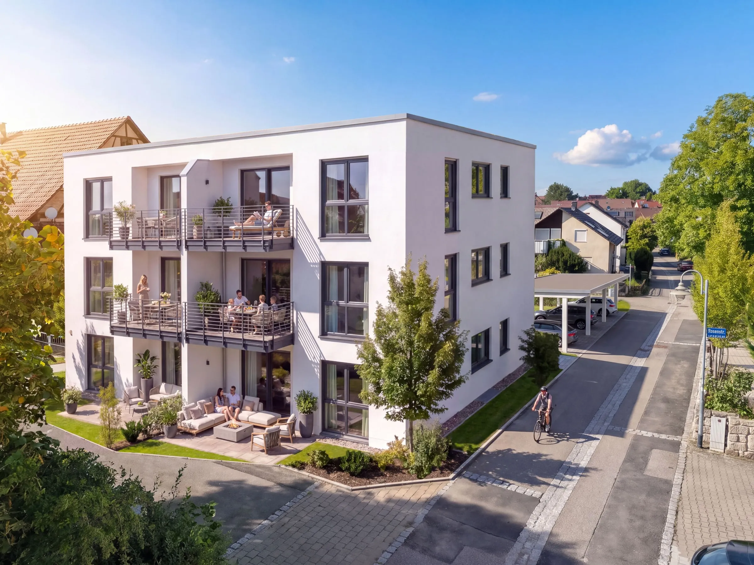 Architektur-Visualisierung aus erhöhter Perspektive: weißes Mehrfamilienhaus mit Balkonen und Carport