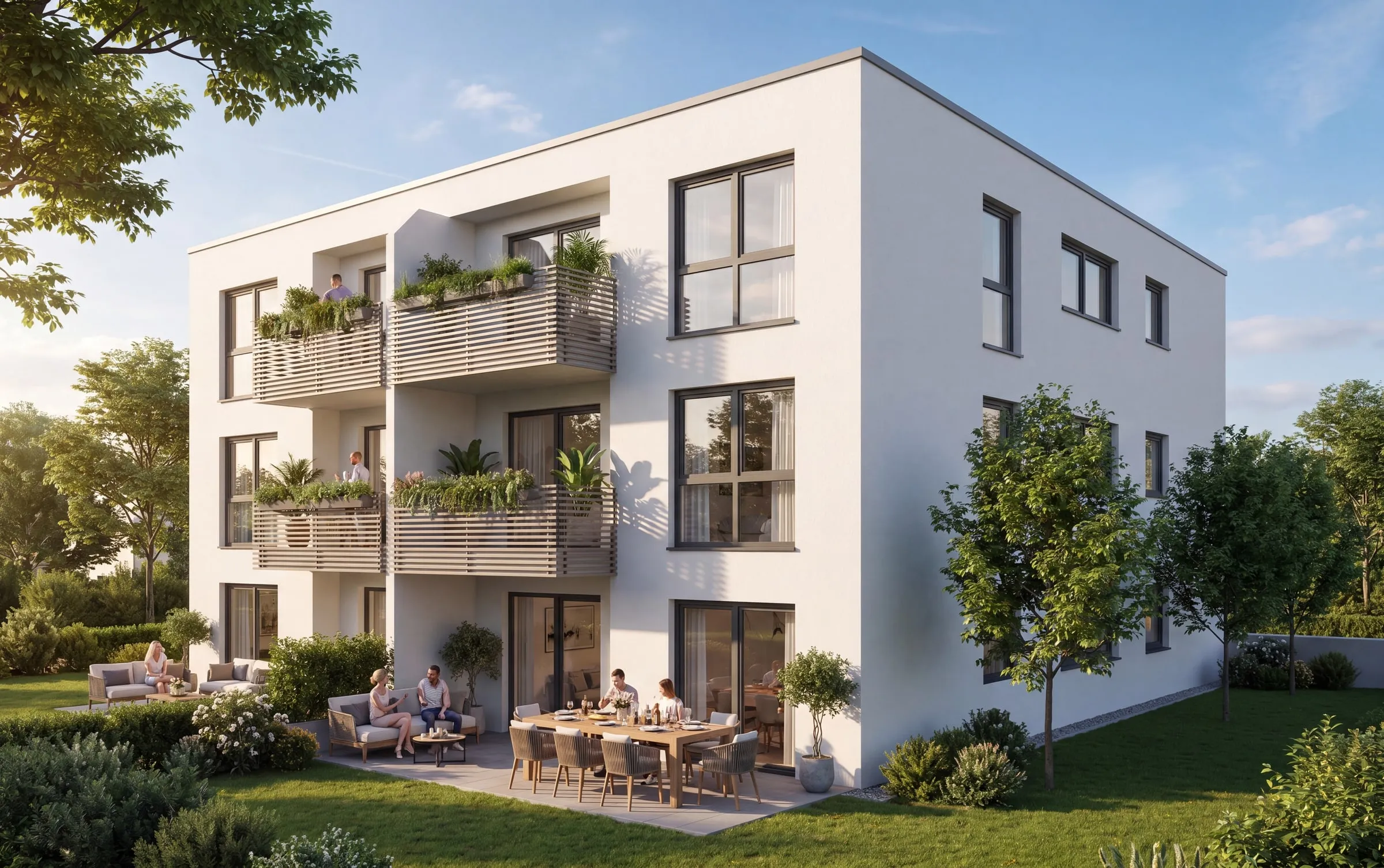Architektur-Visualisierung: weißes Mehrfamilienhaus mit bepflanzten Balkonen von der Gartenseite