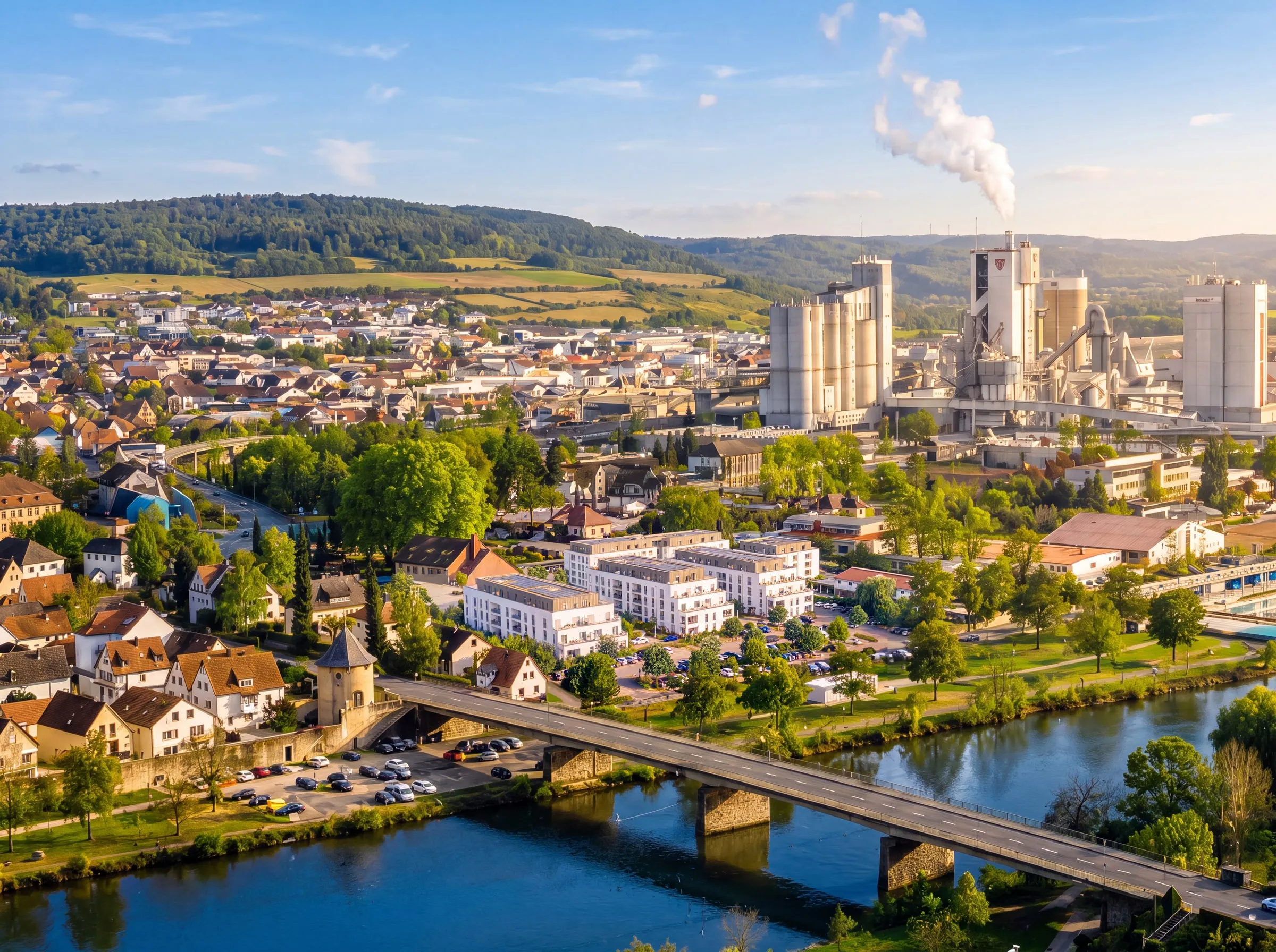 Architektur-Visualisierung: Neubauquartier am Fluss, in ein reales Stadtpanorama montiert