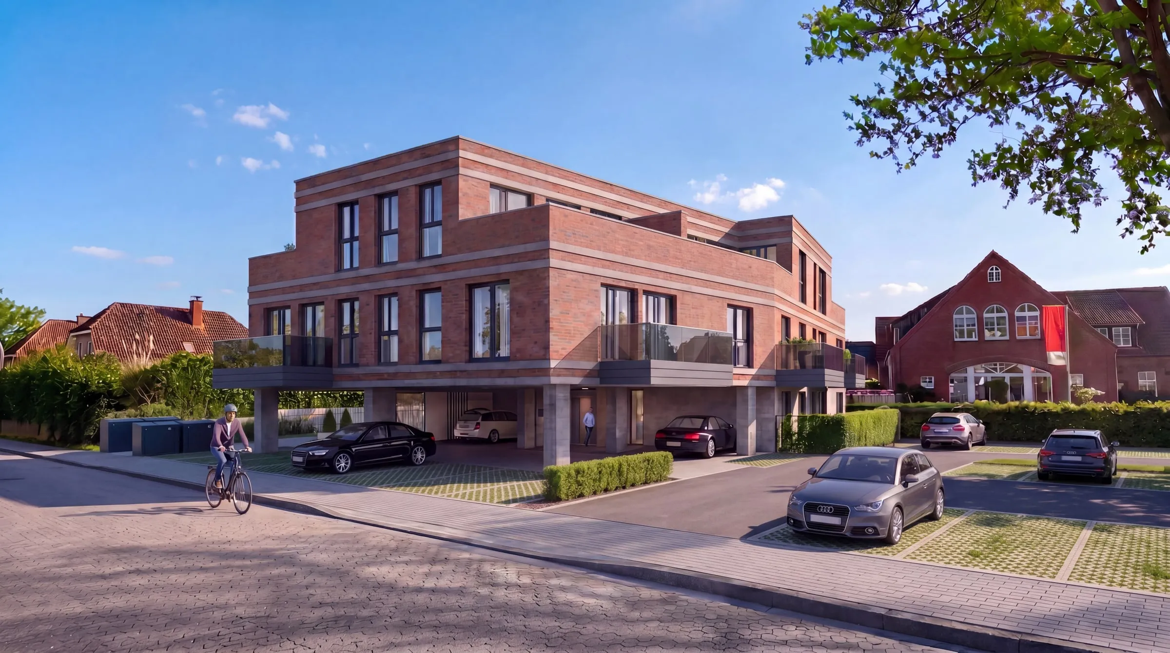 Architektur-Visualisierung: Wohn- und Geschäftshaus in Klinkerbauweise an einer Straßenecke