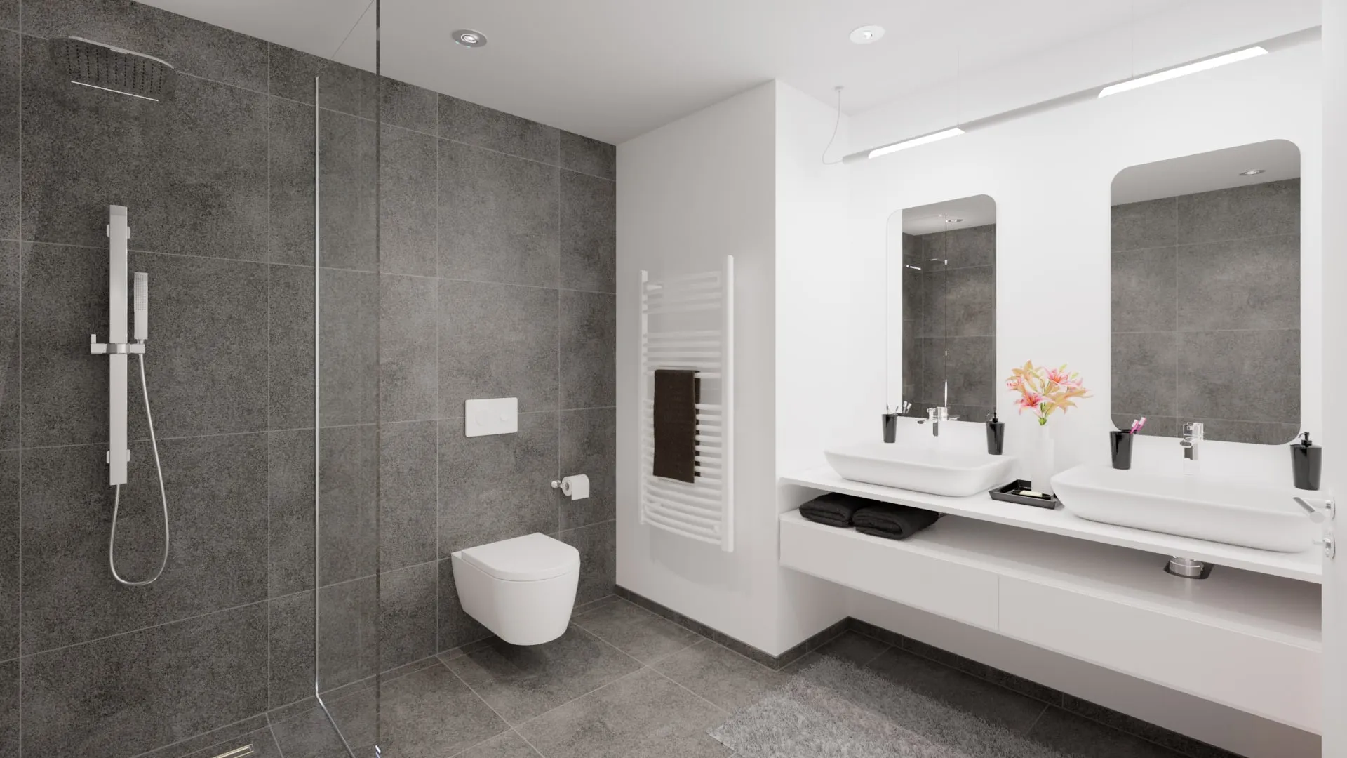 Innenraum-Visualisierung: modernes Bad in Grau mit Doppelwaschtisch und bodengleicher Dusche