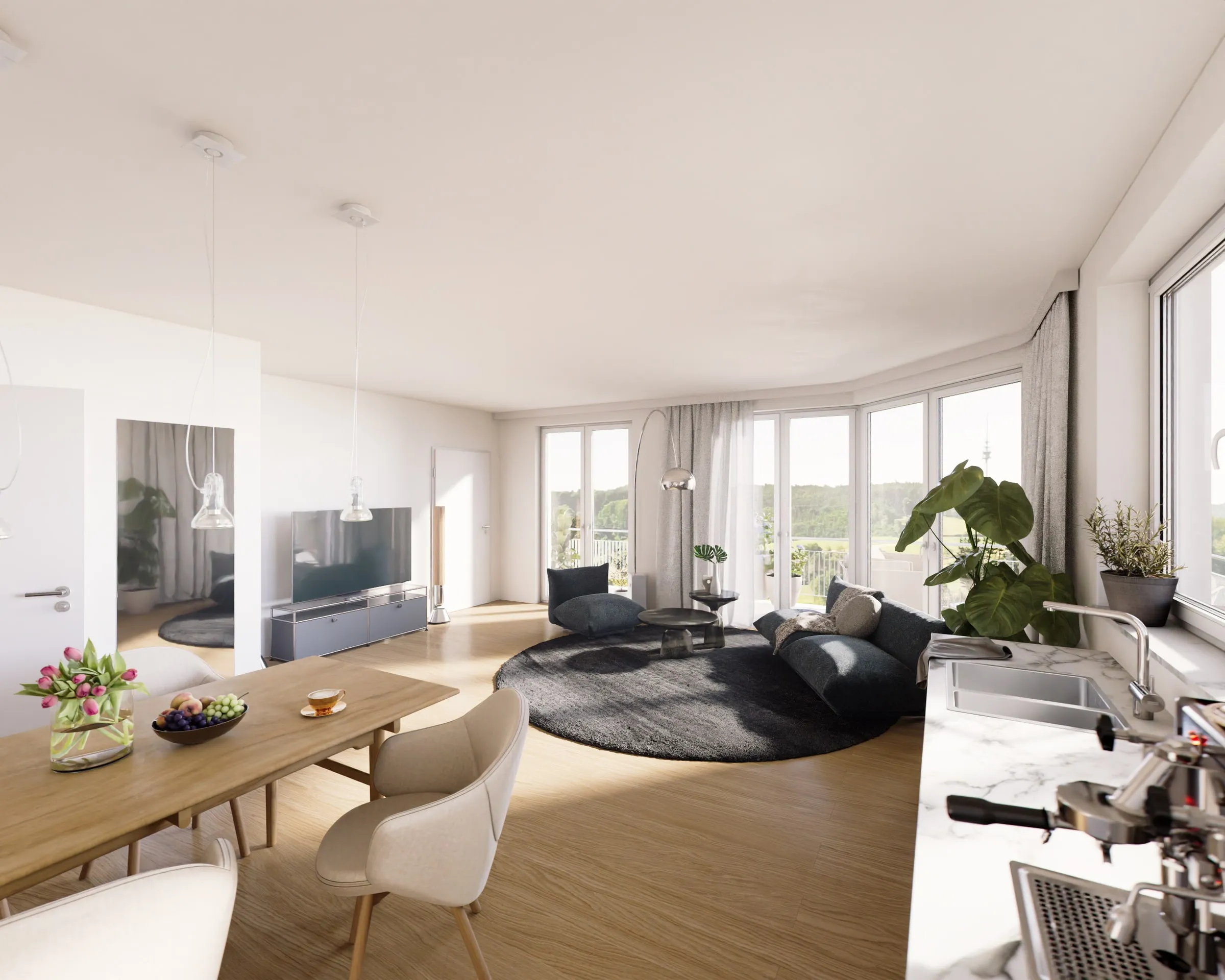 Innenraum-Visualisierung: Penthouse-Wohnzimmer mit durchgehender Fensterfront und Essplatz