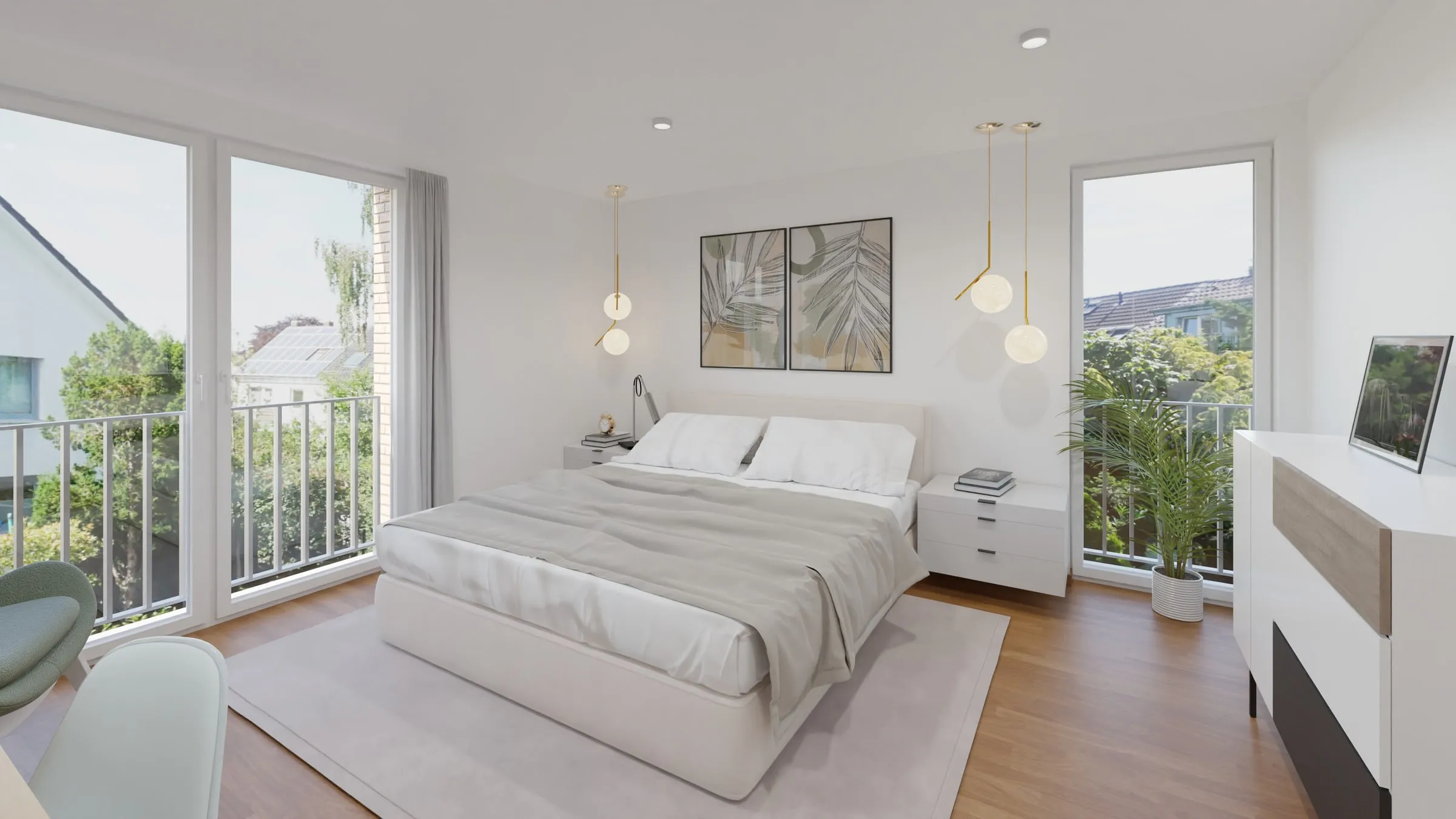 Innenraum-Visualisierung: helles Schlafzimmer mit Balkonzugang und Bildern über dem Bett