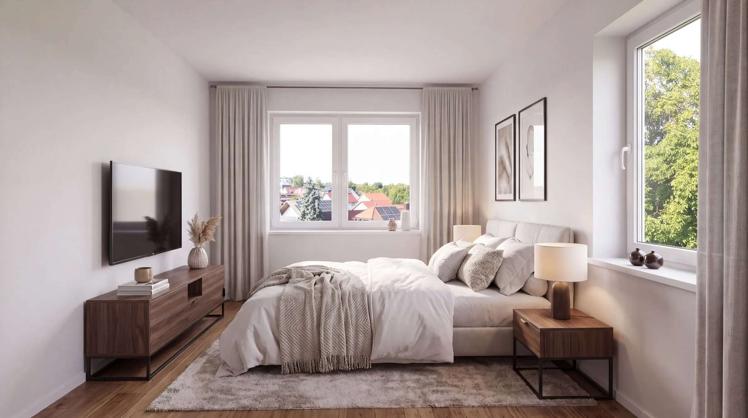 Innenraum-Visualisierung: modernes Schlafzimmer mit Fernseher und Fensterfront