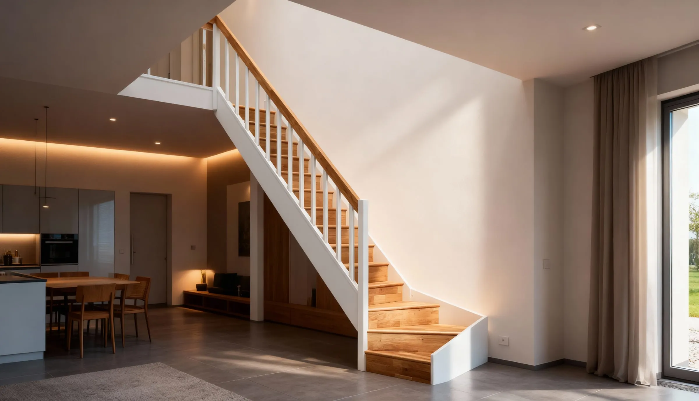 Innenraum-Visualisierung: Holztreppe mit LED-Stufenbeleuchtung in einer offenen Wohnküche