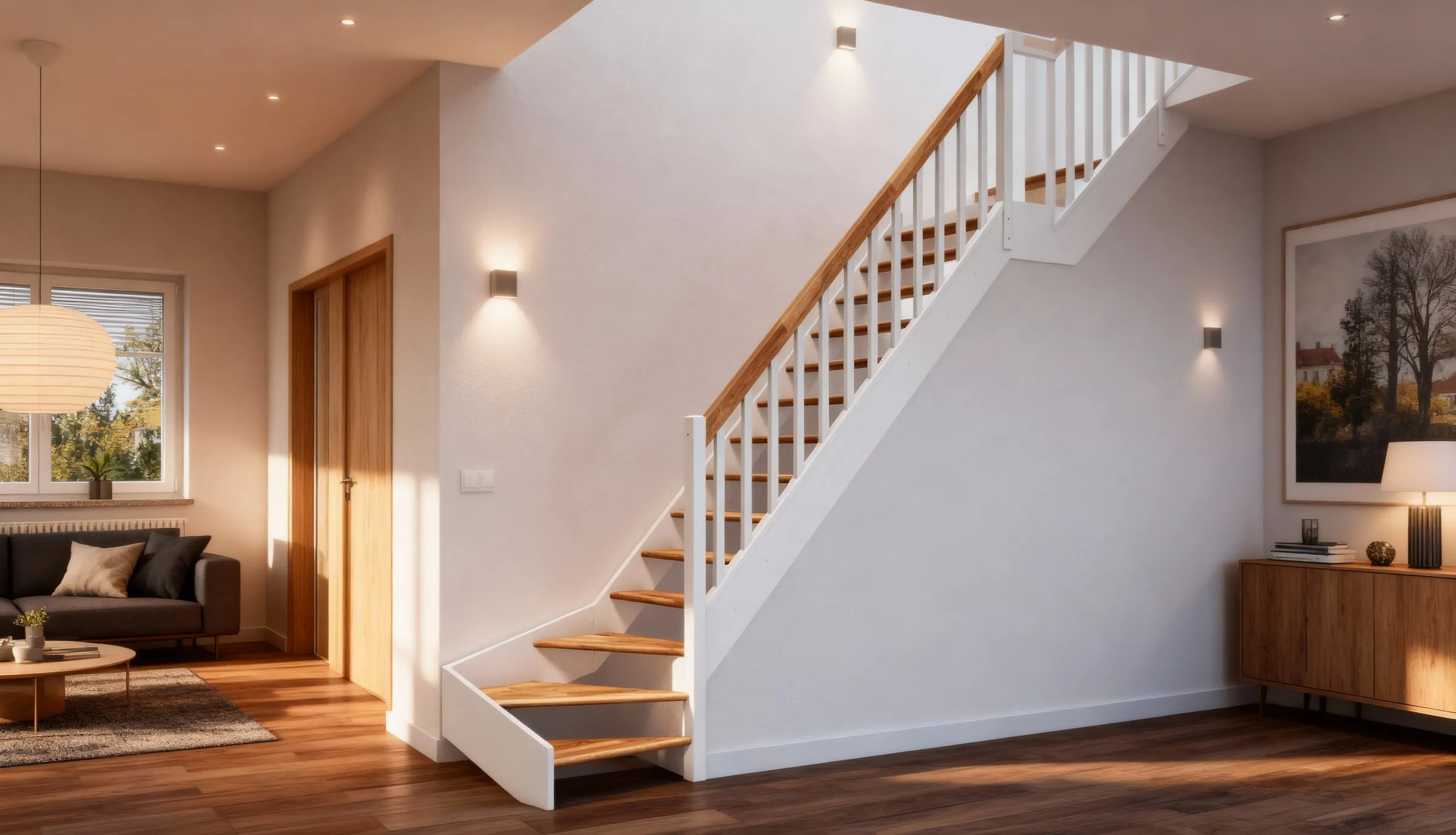 Innenraum-Visualisierung: Holztreppe mit weißem Geländer und Wangen im Wohnzimmer