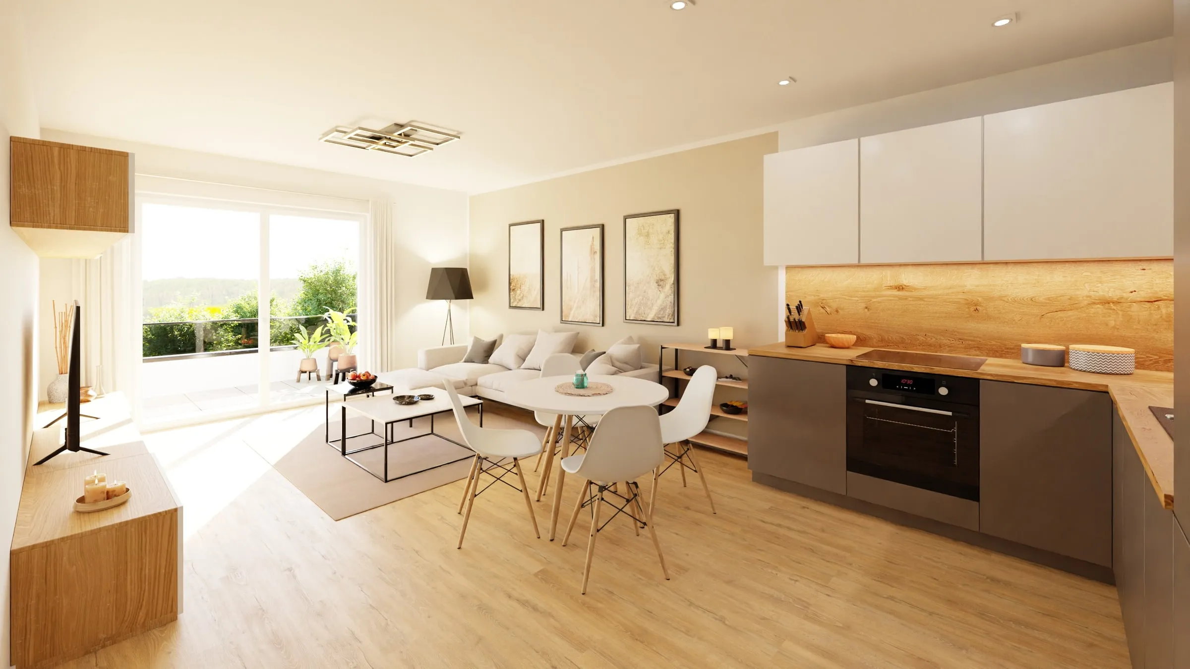 Innenraum-Visualisierung: moderne Wohnküche mit Essplatz, Sofaecke und Balkon
