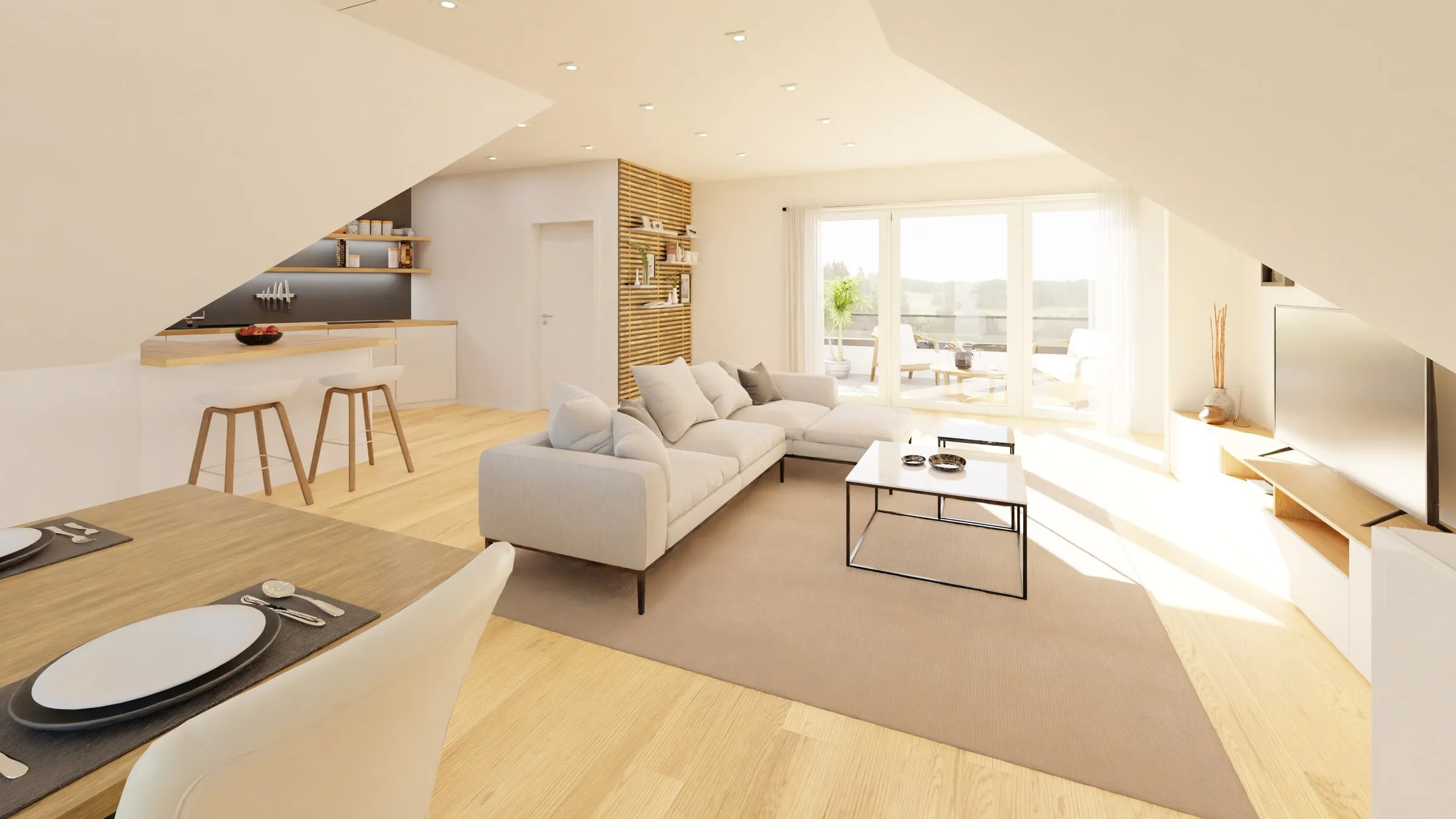 Innenraum-Visualisierung: Dachgeschosswohnung mit Küchentresen, Ecksofa und Zugang zur Dachterrasse
