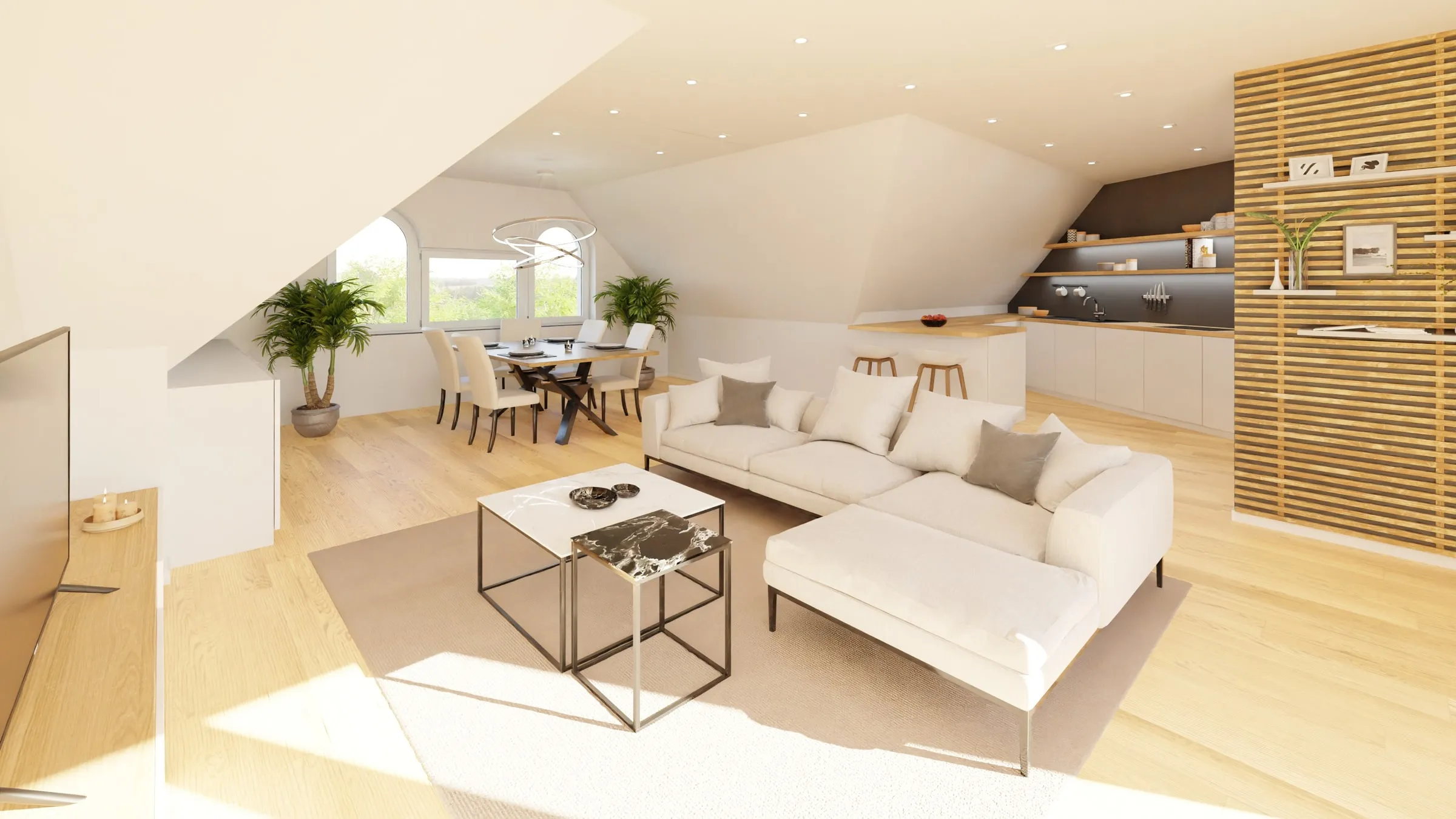 Innenraum-Visualisierung: Dachgeschoss-Wohnzimmer mit Rundbogenfenster, Essplatz und offener Küche