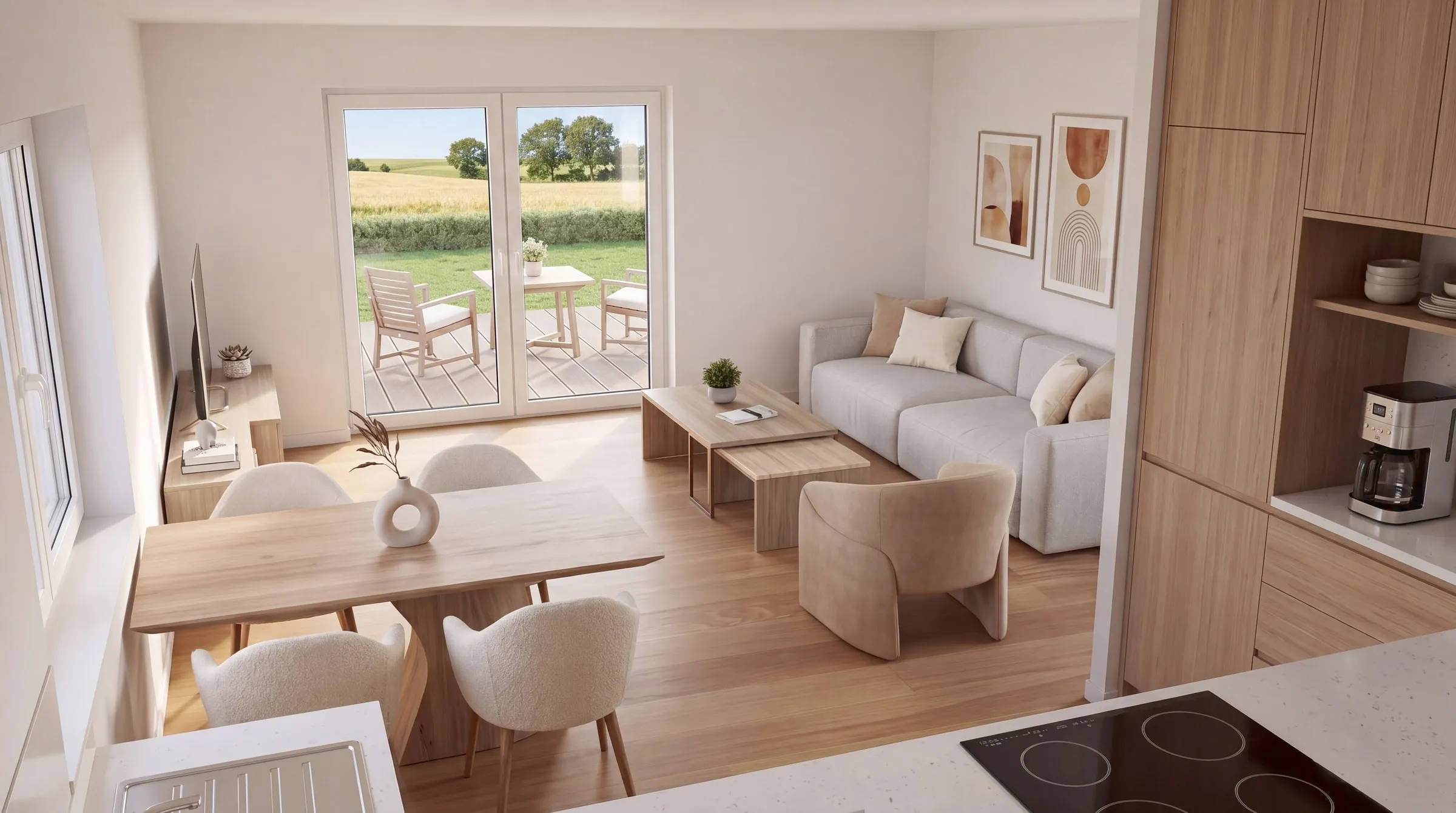 Innenraum-Visualisierung: Wohnzimmer mit Essplatz, Küchenzeile und Terrassentür mit Blick ins Feld