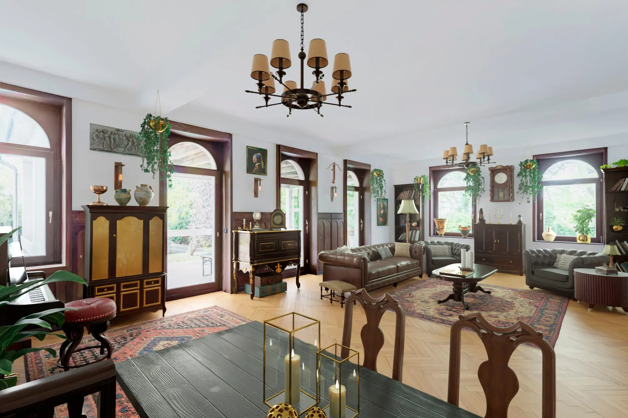 Virtuelles Home Staging: klassisch eingerichtetes Wohnzimmer in einem Herrenhaus mit Bogenfenstern