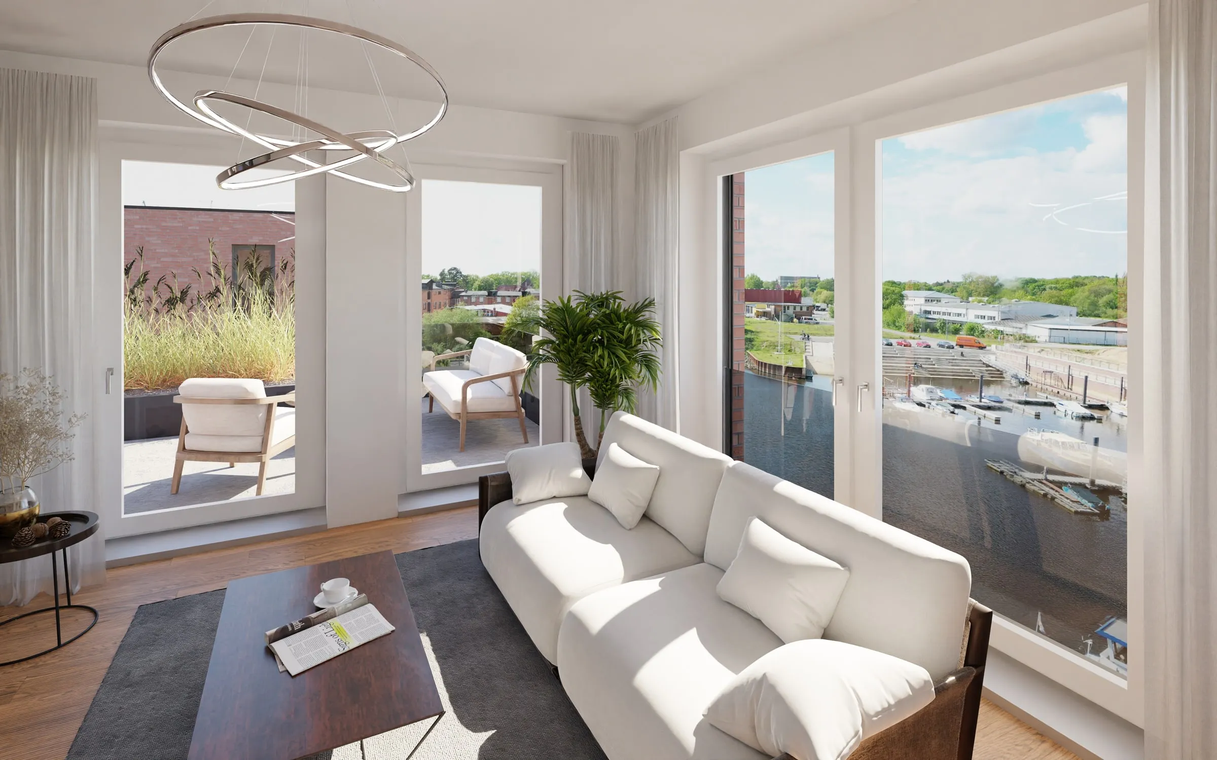 Innenraum-Visualisierung: Wohnzimmer mit bodentiefen Panoramafenstern, Dachterrasse und Blick auf den Hafen