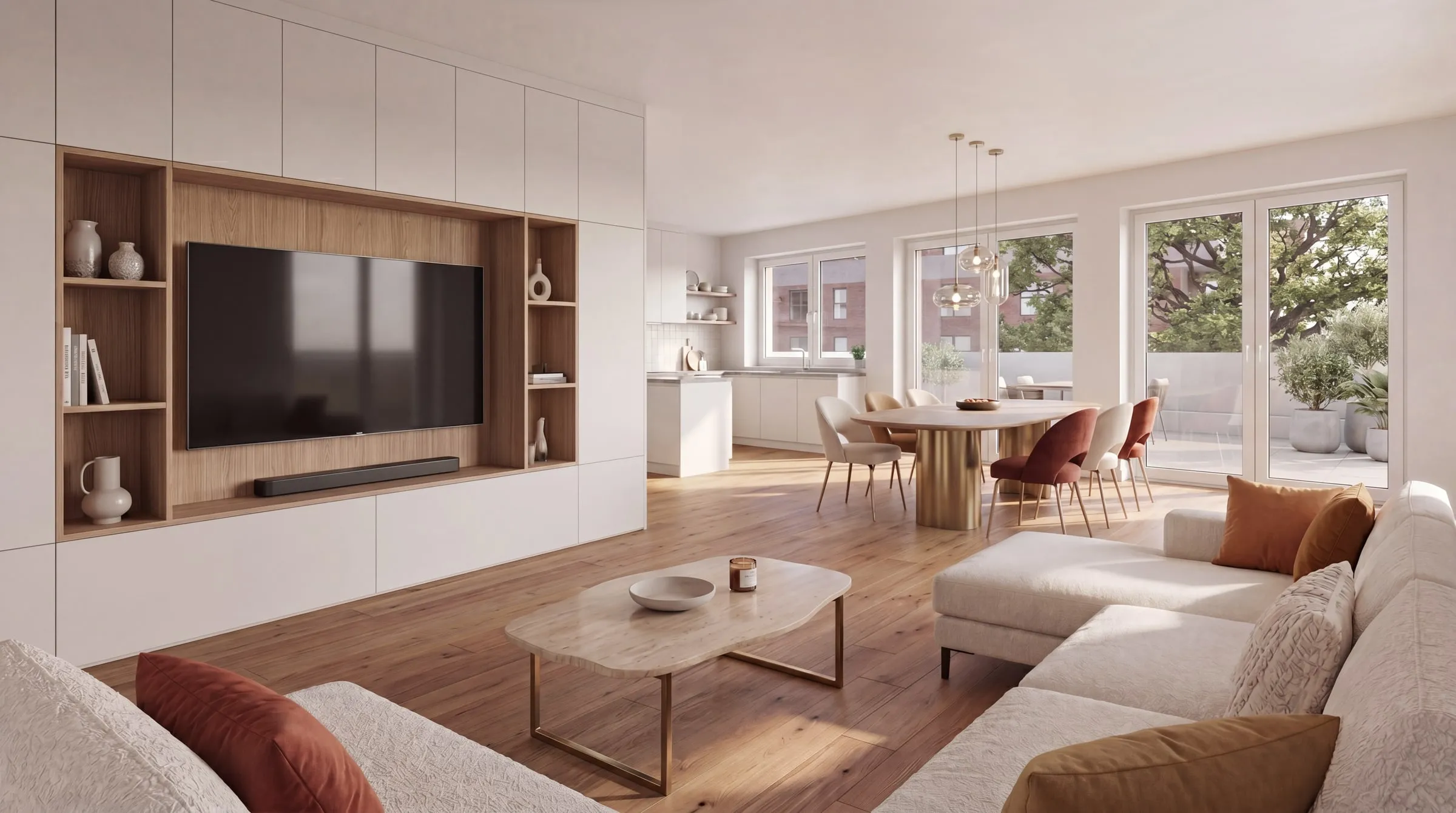 Innenraum-Visualisierung: Wohnzimmer mit TV-Wand aus Holz und Essbereich