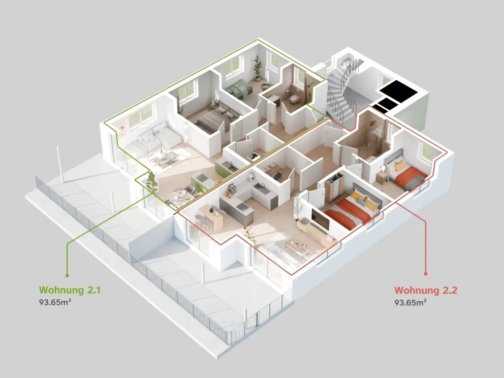 3D Grundriss eines Mehrfamilienhauses