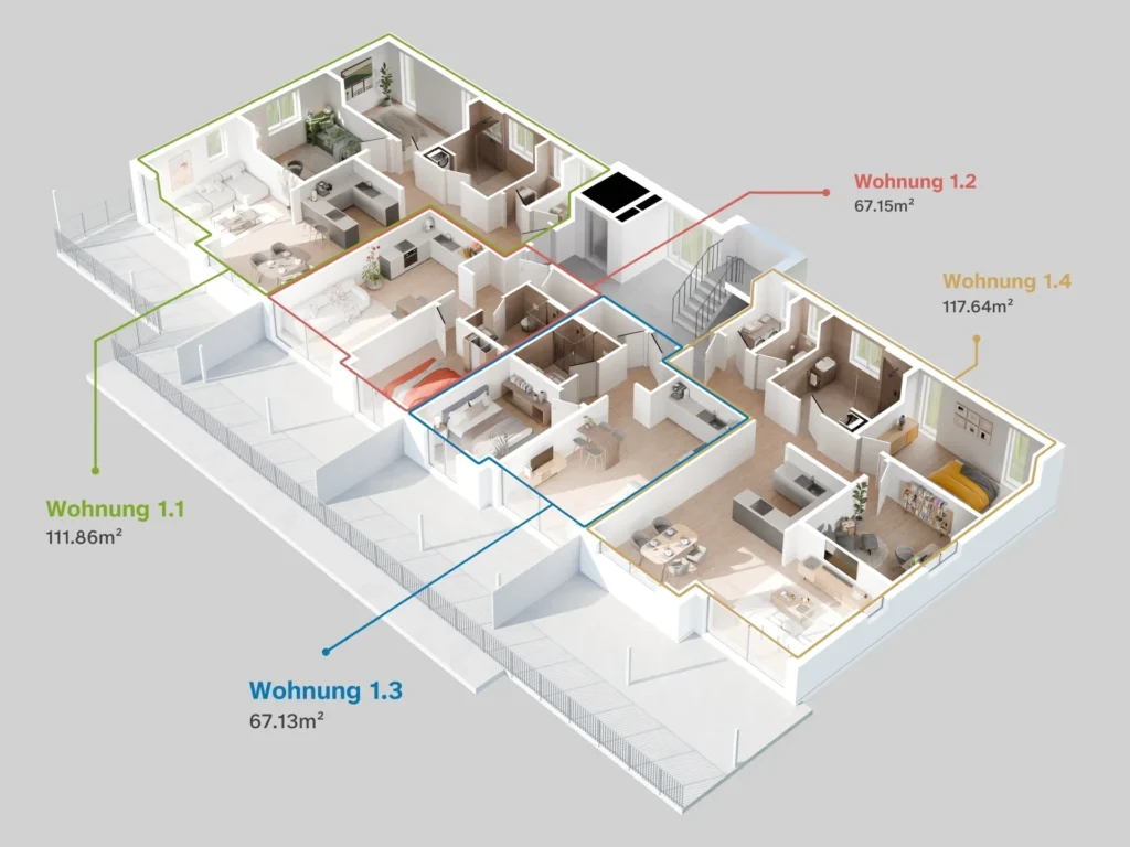 3D Grundriss eines Mehrfamilienhauses