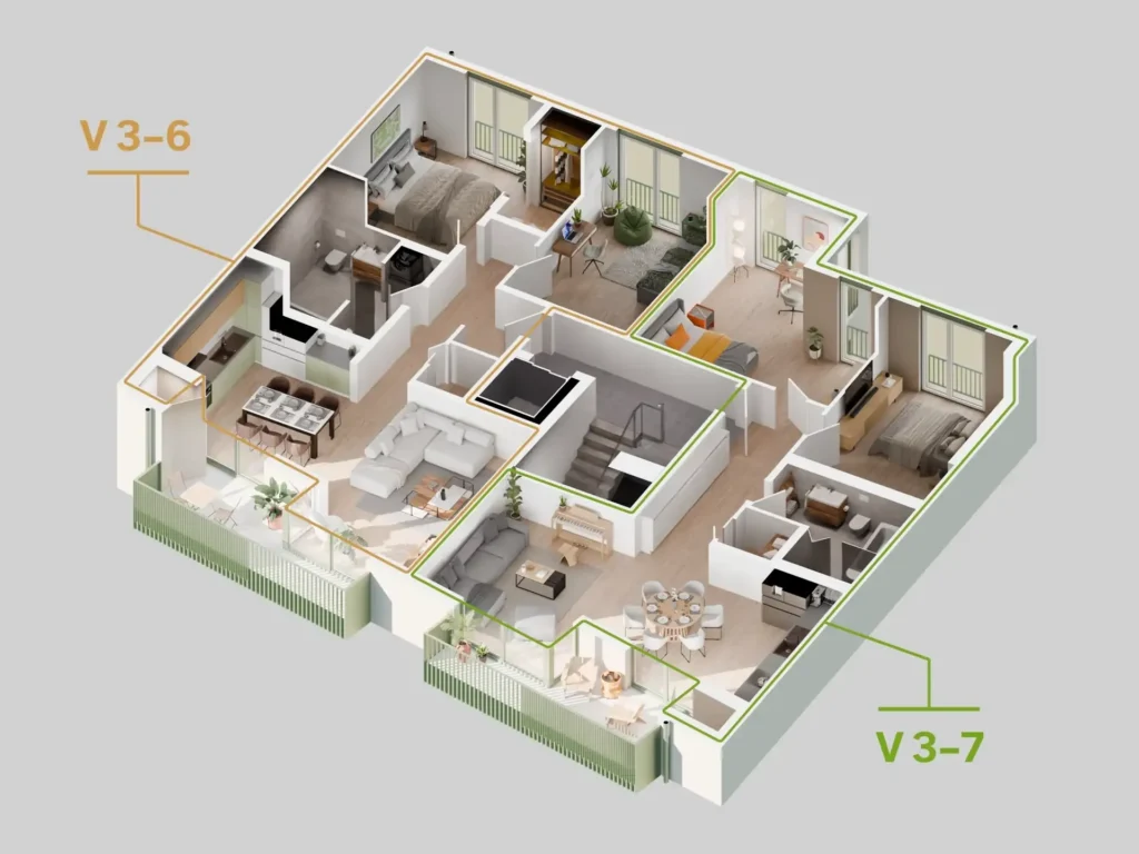 3D Grundriss eines Mehrfamilienhauses